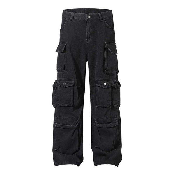 Vintage Washed Multi-Pocket Industrial Cargo Jeans for Men