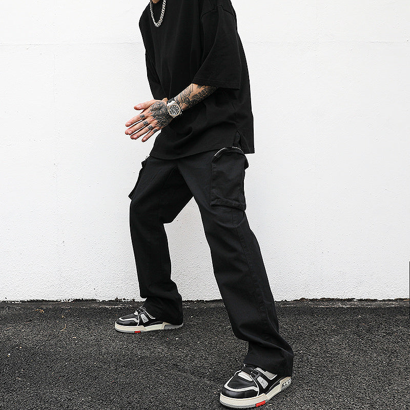 Stylish Black Wide-Leg Cargo Overalls with Multiple Pockets