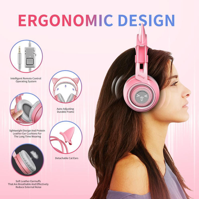 Adorable Cat Ear Gaming Headset - Pink G951s Wired Headphones with Microphone for PC, PS4, Phone & Tablet