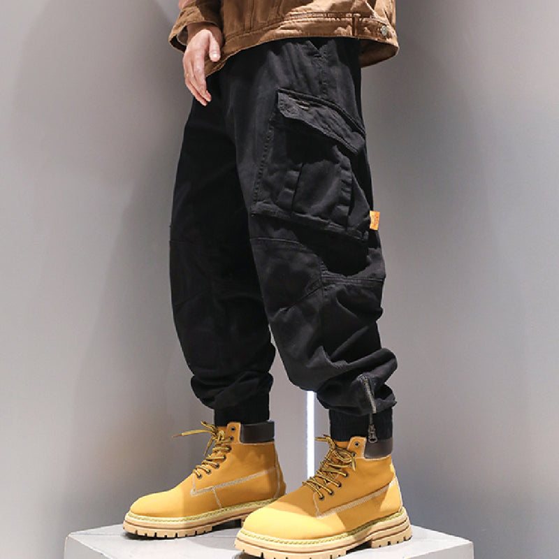 Contemporary Zipper Cargo Pants - Unique Foot Binding Design for Modern Men