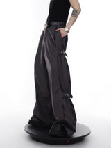 Breathable Polyester Wide-Leg Cargo Pants with Decorative Straps