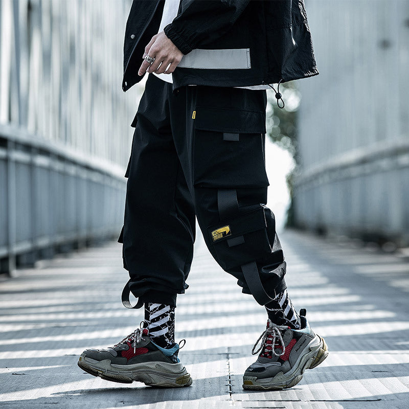 Military-Style Black Cargo Pants - Tactical Paratrooper Design with Multiple Pockets