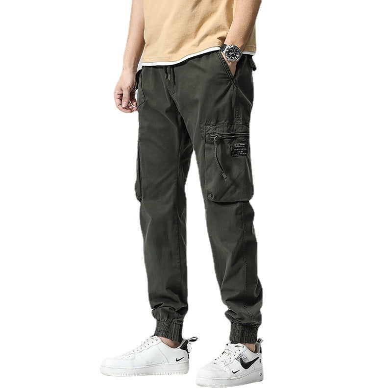 Men's Multi-Pocket Cotton Work Pants - Elastic Waist Casual Cargo Trousers