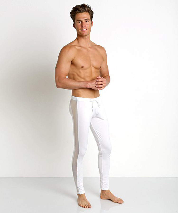 Side-Mesh Athletic Leggings Cotton Lycra Mid-Rise White Workout Pants