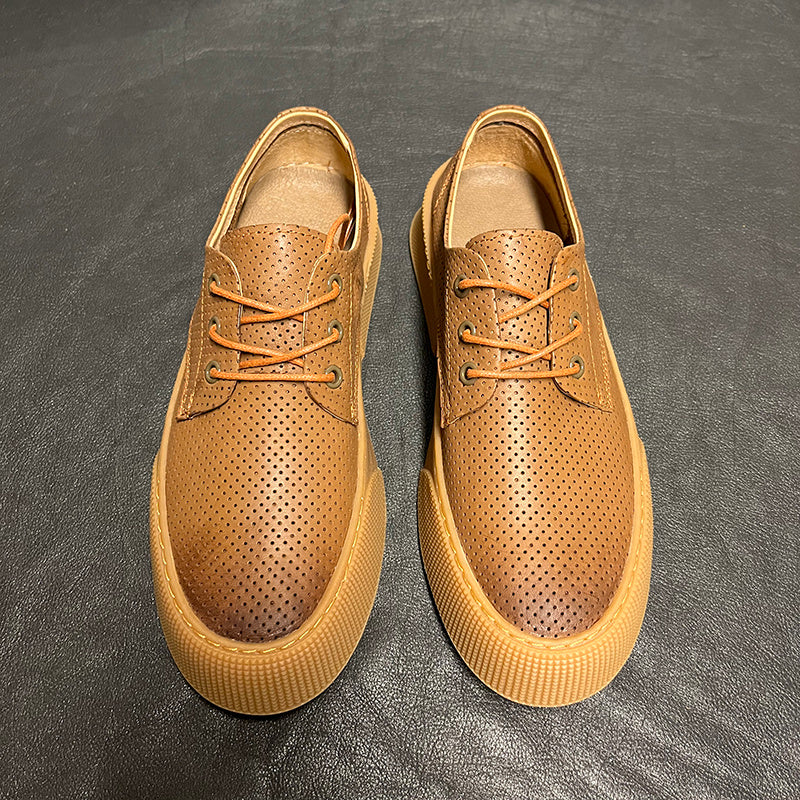 Premium Men's Leather Casual Sneakers - Breathable Cowhide Lace-Up Shoes