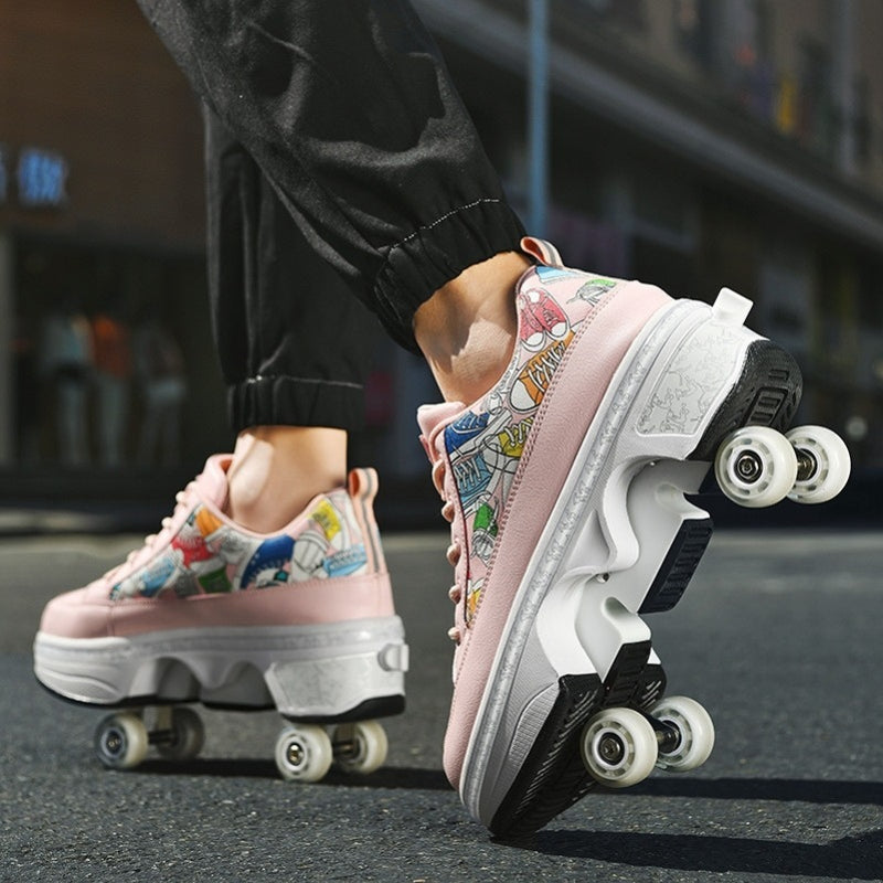 LED Light-Up Roller Skate Shoes - 4-Wheel Deformation Sports Sneakers for Adults & Students