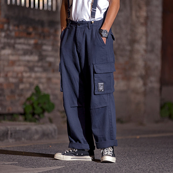 Navy Blue Loose Fit Cargo Overalls - Men's Comfortable Workwear