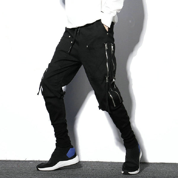 Men's Cotton Cargo Harem Pants - Comfortable Loose Fit Black Trousers Size L