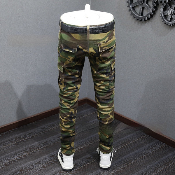 Men's Camouflage Distressed Jeans - Mid-Rise Cotton Casual Pants