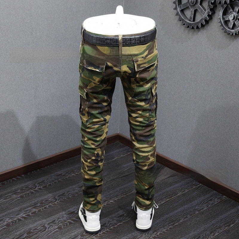 Men's Camouflage Distressed Jeans - Mid-Rise Cotton Casual Pants