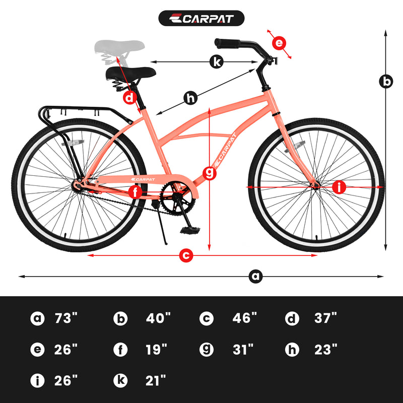 Vélo de plage Cruiser S26204 26 pouces pour hommes et femmes, cadre en acier, transmission monovitesse, conduite confortable en position verticale, plusieurs coloris