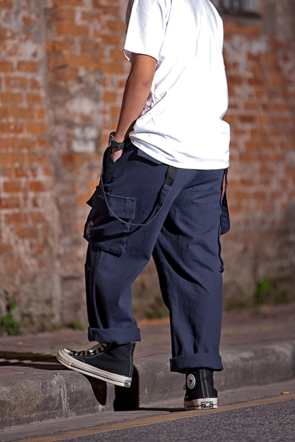 Navy Blue Loose Fit Cargo Overalls - Men's Comfortable Workwear