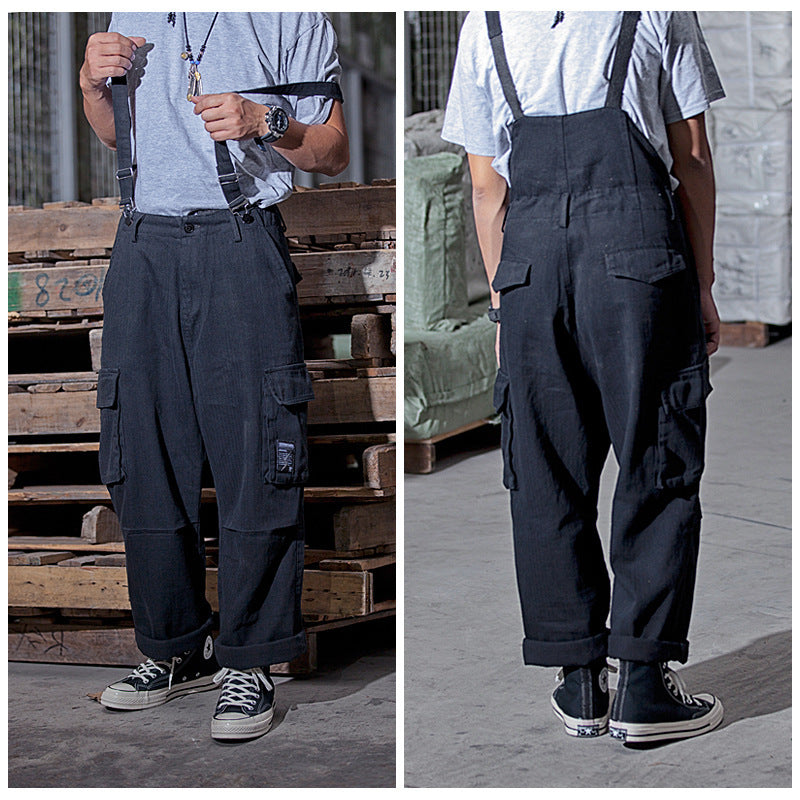 Navy Blue Loose Fit Cargo Overalls - Men's Comfortable Workwear