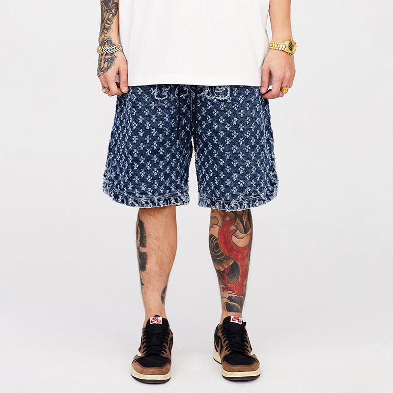 Vintage Distressed Denim Shorts - Casual Frayed Cotton Shorts for Men