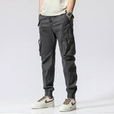 Men's Multi-Pocket Cotton Work Pants - Elastic Waist Casual Cargo Trousers