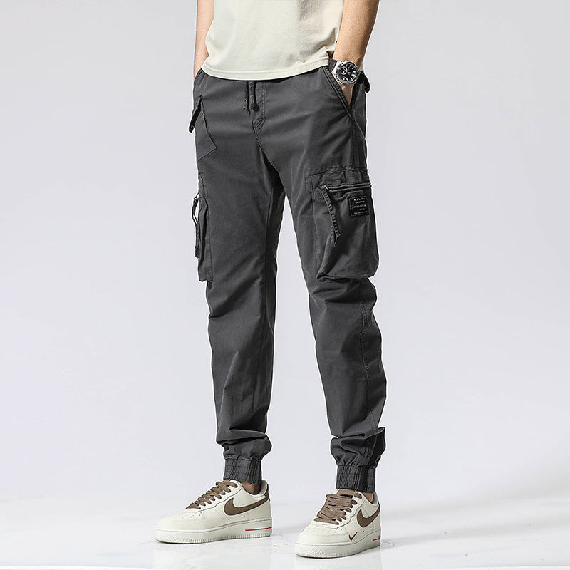Men's Multi-Pocket Cotton Work Pants - Elastic Waist Casual Cargo Trousers