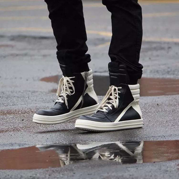 Premium Genuine Leather High-Top Unisex Sneakers - Classic Black & White Design