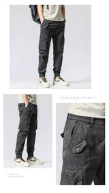 Men's Multi-Pocket Cotton Work Pants - Elastic Waist Casual Cargo Trousers