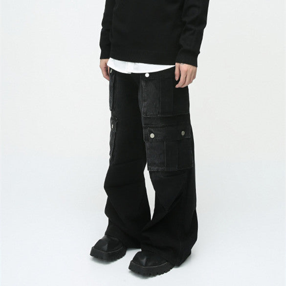 Retro Multi-Pocket Wide Leg Cargo Jeans - Korean Style Men's Tooling Pants