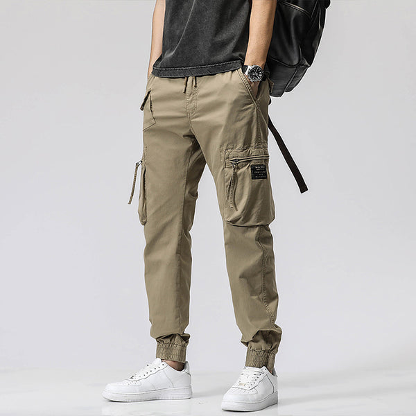Men's Multi-Pocket Cotton Work Pants - Elastic Waist Casual Cargo Trousers