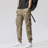 Men's Multi-Pocket Cotton Work Pants - Elastic Waist Casual Cargo Trousers