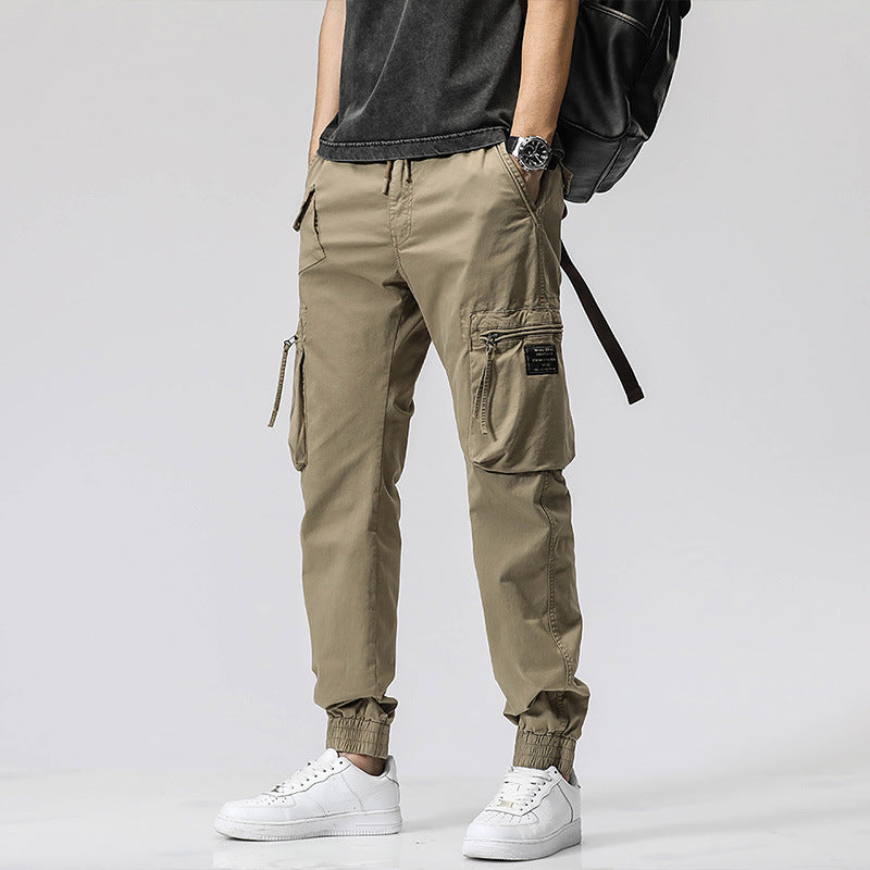 Men's Multi-Pocket Cotton Work Pants - Elastic Waist Casual Cargo Trousers