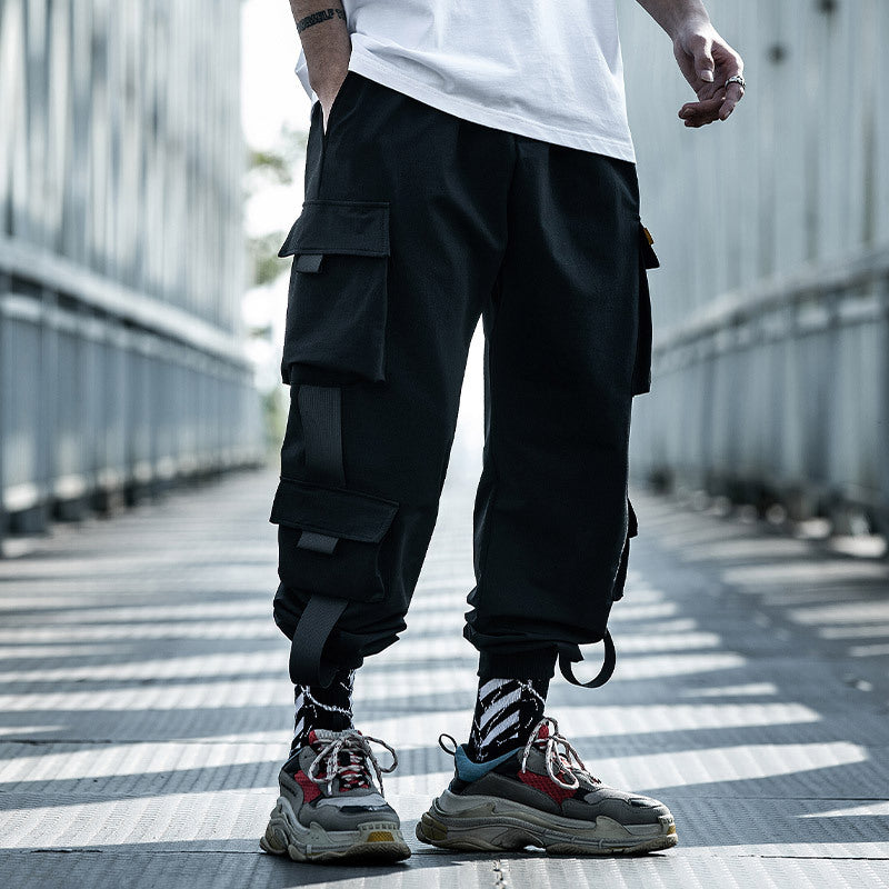 Military-Style Black Cargo Pants - Tactical Paratrooper Design with Multiple Pockets