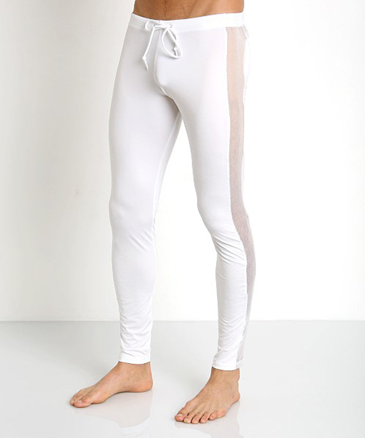 Side-Mesh Athletic Leggings Cotton Lycra Mid-Rise White Workout Pants