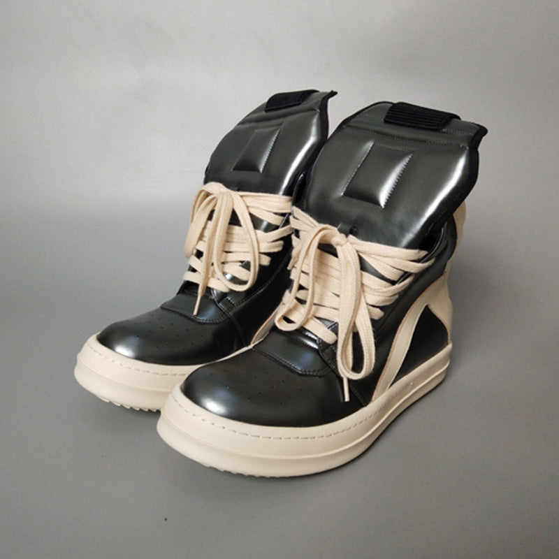 Premium Genuine Leather High-Top Unisex Sneakers - Classic Black & White Design