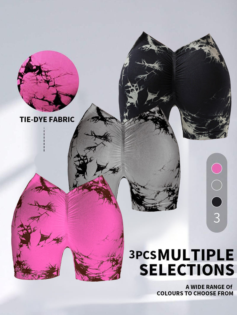 3-Pack Tie Dye Active Wear Shorts - Premium High-Waisted Contour Gym & Yoga Shorts