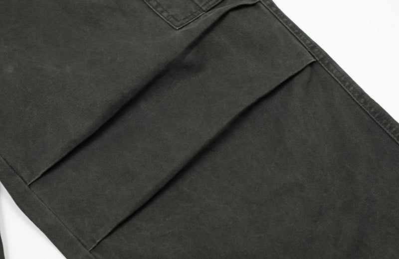 Men's Cotton Cargo Overalls - Pleated Drawstring Straight Leg Pants
