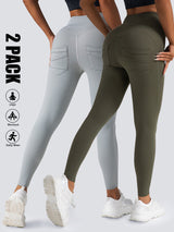 Premium High-Waisted Athletic Leggings with Side Pockets - 2 Pack Set