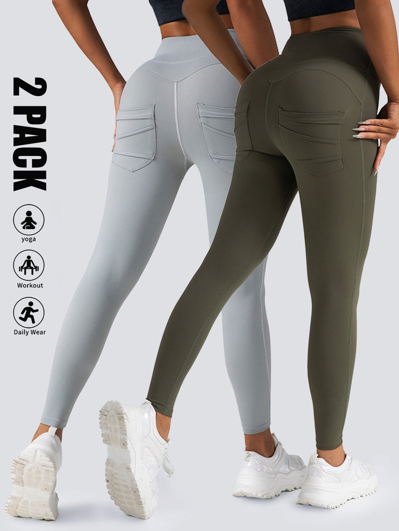 Premium High-Waisted Athletic Leggings with Side Pockets - 2 Pack Set