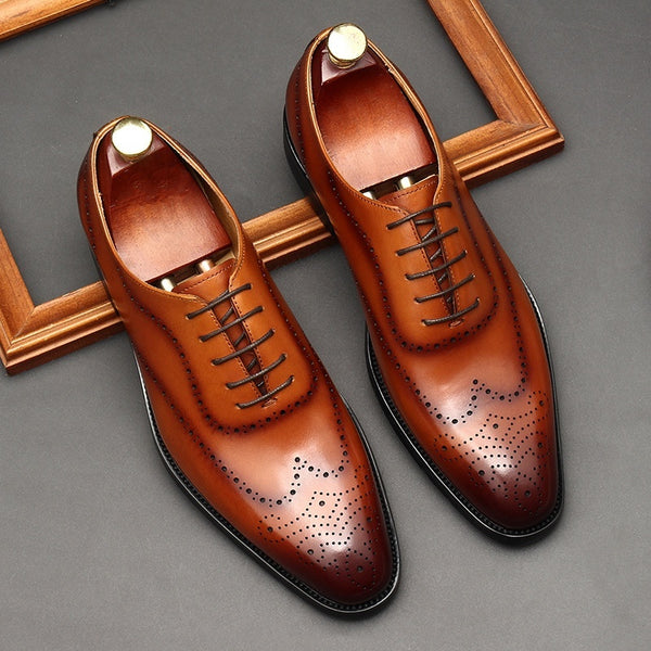 Premium British Leather Oxford Shoes - Men's Pointed Toe Business Formal Lace-Up Dress Shoes