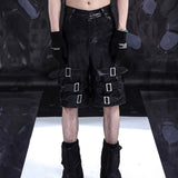 Stylish Black PU Leather Shorts - Men's Casual Cropped Pants with Ring Detail