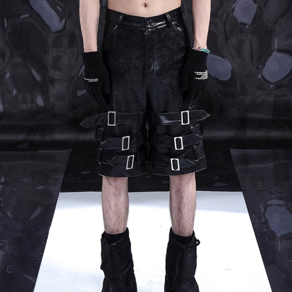 Stylish Black PU Leather Shorts - Men's Casual Cropped Pants with Ring Detail
