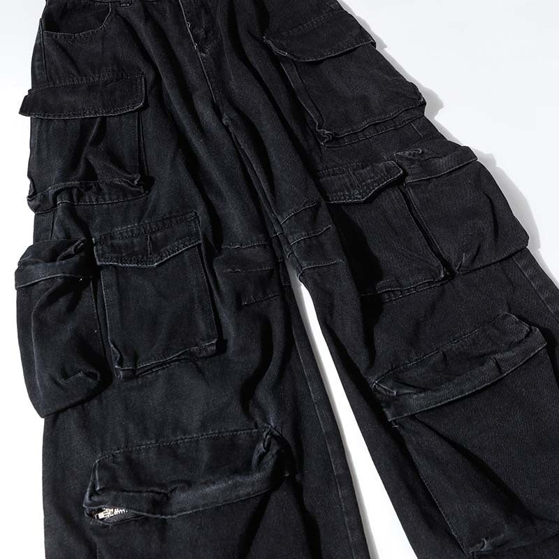Vintage Washed Multi-Pocket Industrial Cargo Jeans for Men