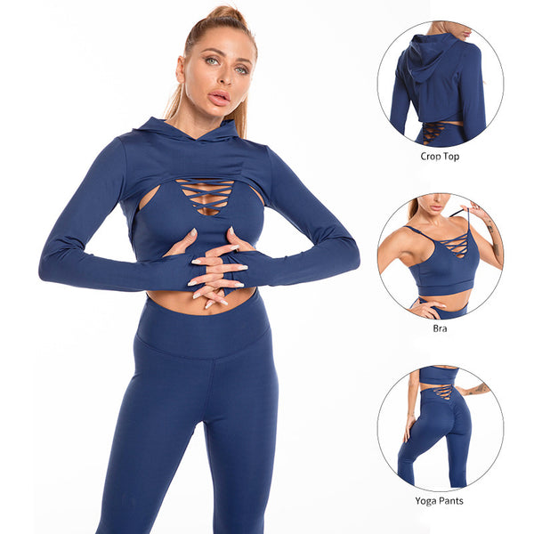 Premium 3-Piece Athletic Wear Set - Hooded Top, Hollow Design Camisole & High-Waist Seamless Leggings