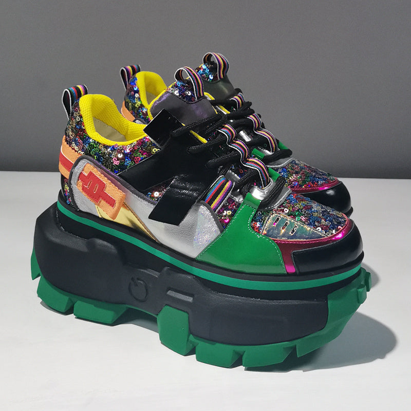 Premium Leather Platform Shoes - Men's Height Enhancing Sequin Color-Block Sneakers