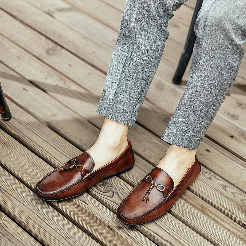 Sophisticated British Handcrafted Leather Slip-On Loafers - Genuine Cowhide Tassel Shoes