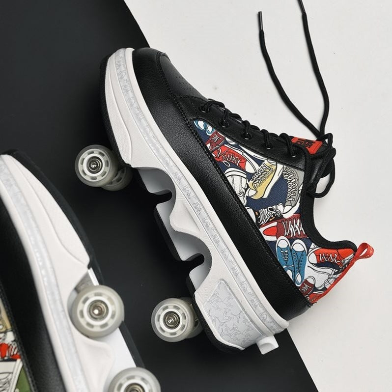 LED Light-Up Roller Skate Shoes - 4-Wheel Deformation Sports Sneakers for Adults & Students