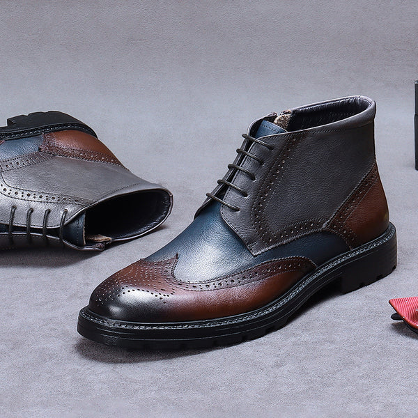 Handcrafted Leather Vintage Brogue Carved Boots - Men's Color Block Design