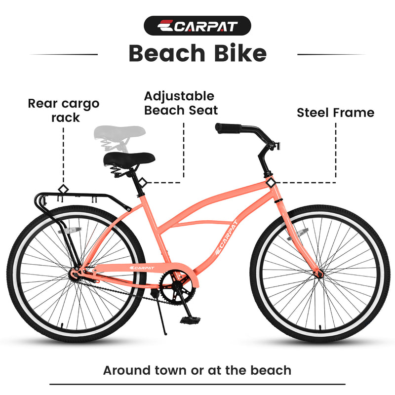 Vélo de plage Cruiser S26204 26 pouces pour hommes et femmes, cadre en acier, transmission monovitesse, conduite confortable en position verticale, plusieurs coloris