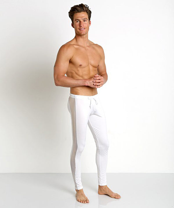Side-Mesh Athletic Leggings Cotton Lycra Mid-Rise White Workout Pants