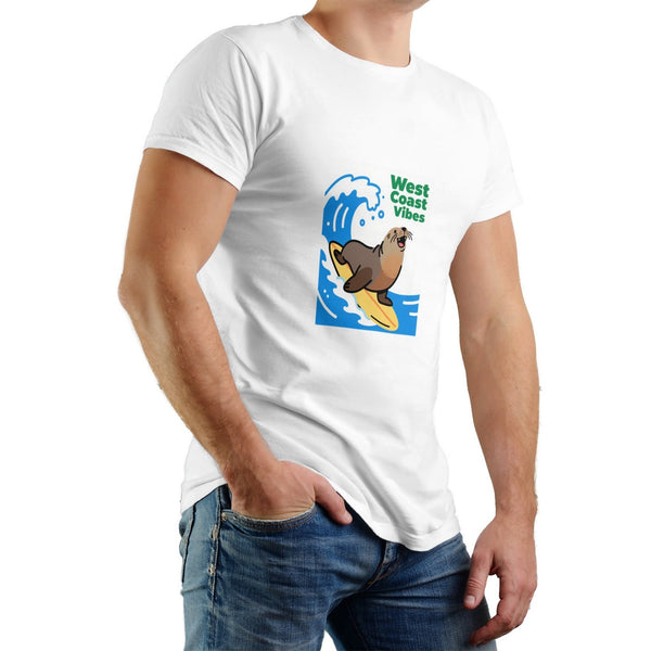 T-shirt en pur coton imprimé West Coast Seal pour homme – Col rond décontracté, légèrement élastique, idéal pour l'été, tissu tricoté, coupe classique pour adulte, chemise pour couple