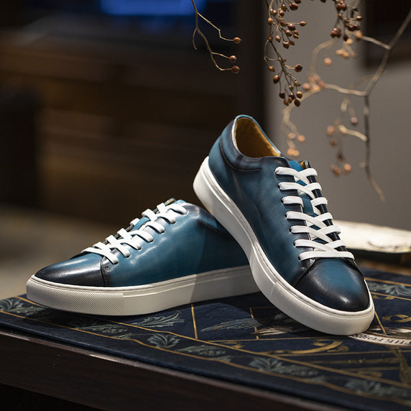 Premium Genuine Leather Men's Casual Sneakers - Hand-Polished Athletic Shoes