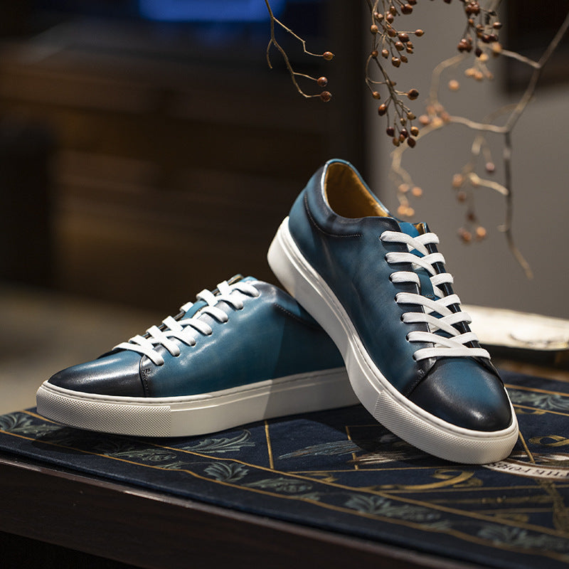 Premium Genuine Leather Men's Casual Sneakers - Hand-Polished Athletic Shoes