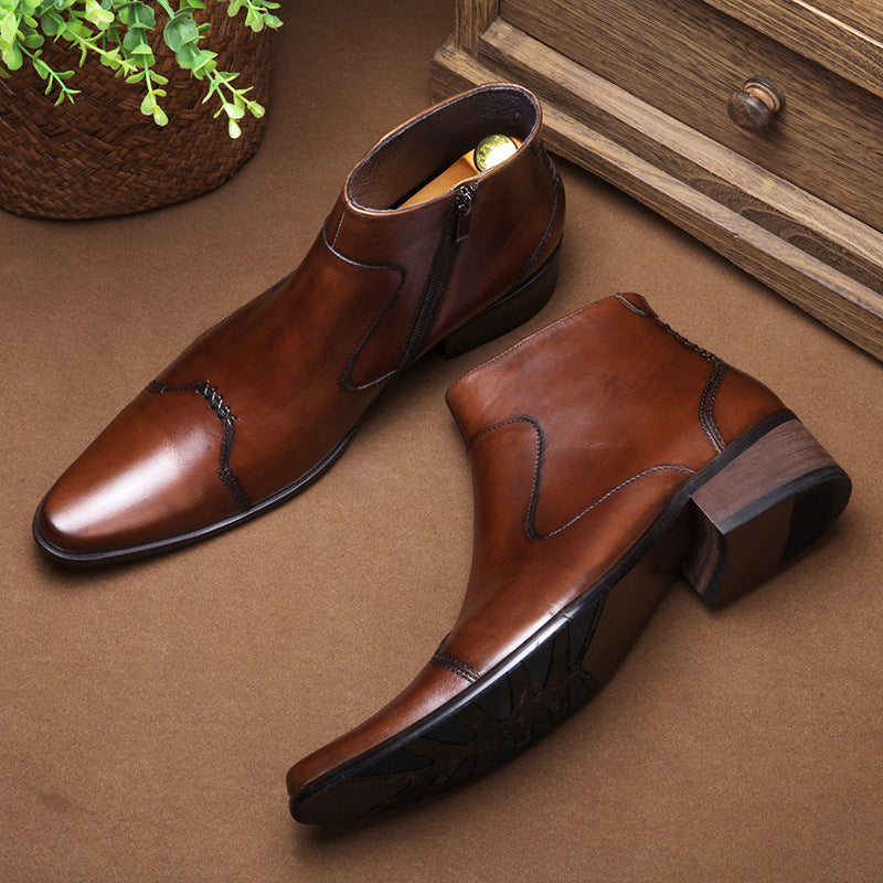 Premium Korean Style Men's Leather Martin Boots - Waterproof Cowhide Mid-Calf Boots