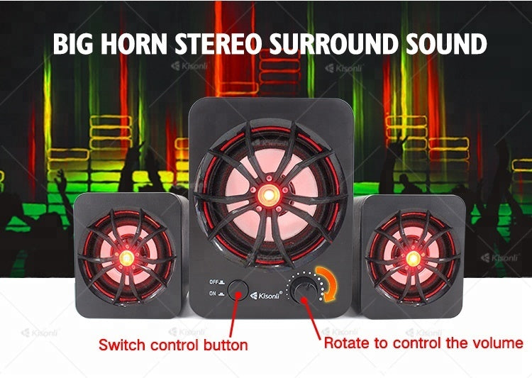 Illuminated USB Computer Speaker - 2.1 Channel Mini Desktop Audio System with Colorful LED Lights