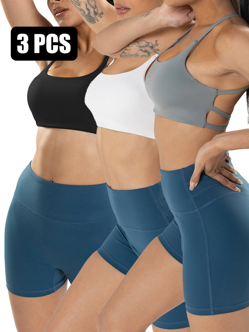 Premium 3-Pack Sports Bras - Padded Strappy Design with Removable Cups for Medium Support